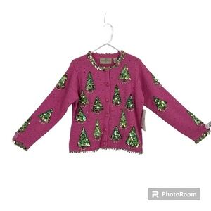 Design Options by Philip Jane Gordon Sequin Christmas Tree Cardigan Size M NWT